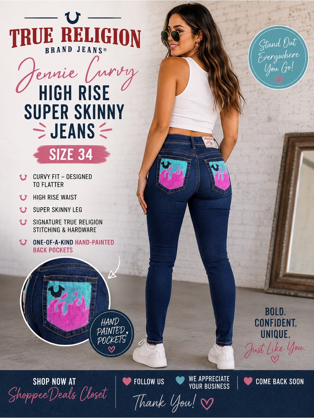 True Religion Jennie Curvy High Rise Super Skinny Jeans – Women’s Size 34